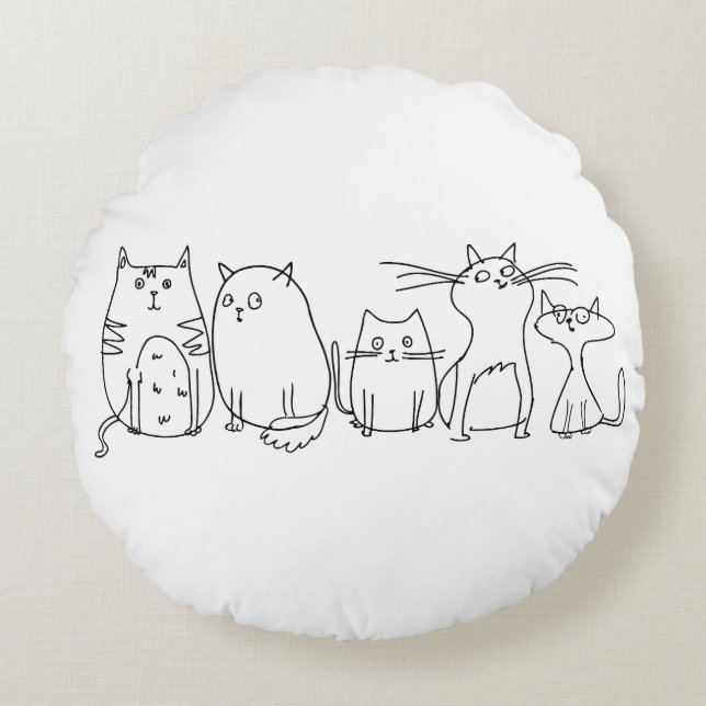 Cat gang Line Art Cartoon illustration Round Pillow (Front)