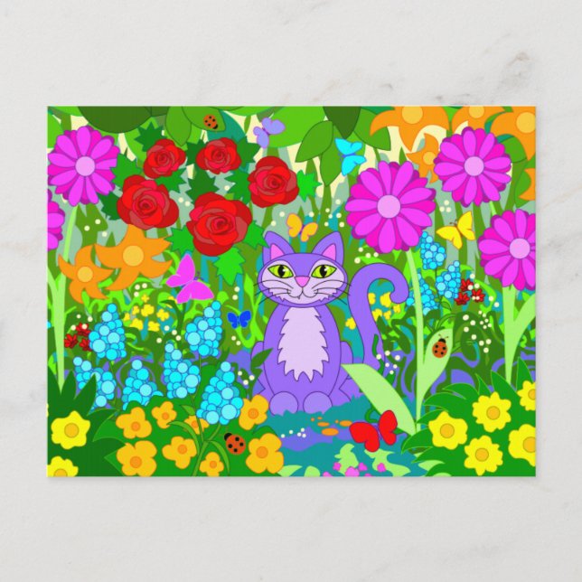 Cat Garden Colorful Flowers Butterflies Ladybugs Postcard (Front)