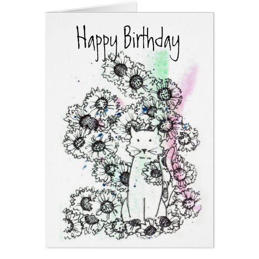 Cat Garden Flowers Black White Happy Birthday (Front)