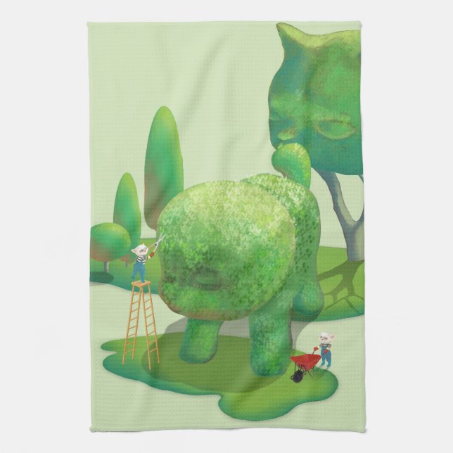 Cat Gardeners Green Topiary Animal Surreal Kitchen Towel (Vertical)