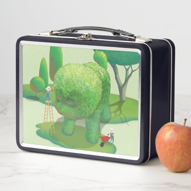 Cat Gardeners Green Topiary Animal Surreal Metal Lunch Box (In Situ)