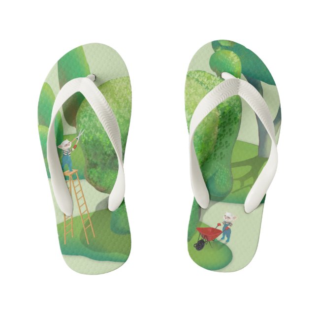 Cat Gardeners: Topiary Puppy Green Thumb Art Kid's Flip Flops (Footbed)