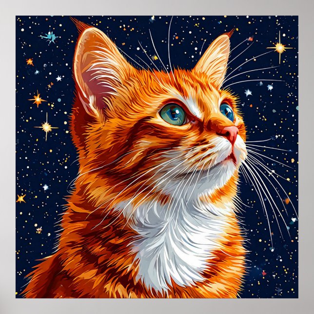 Cat Gazing at a Starry Cosmic Night Sky Poster (Front)