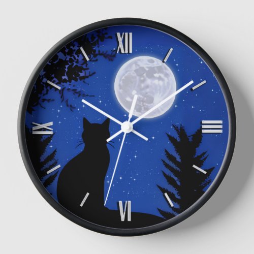 Cat Gazing at the Full Moon Clock