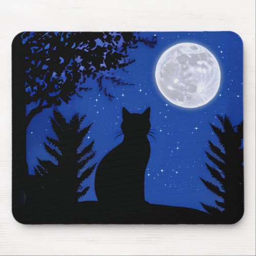 Cat Gazing at the Full Moon Mouse Pad