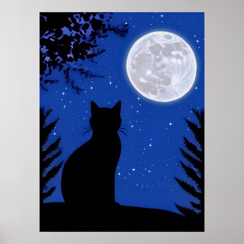 Cat Gazing at the Full Moon  Poster