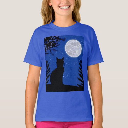 Cat Gazing at the Full Moon  T_Shirt