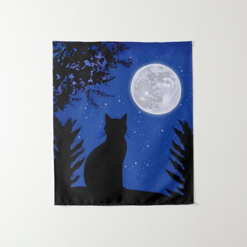 Cat Gazing at the Full Moon  Tapestry