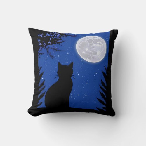 Cat Gazing at the Full Moon  Throw Pillow