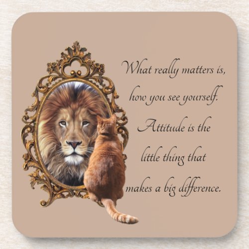 Cat Gazing Mirror Lion Inspirational Text Vintage  Beverage Coaster