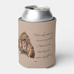Cat Gazing Mirror Lion Inspirational Text Vintage Can Cooler