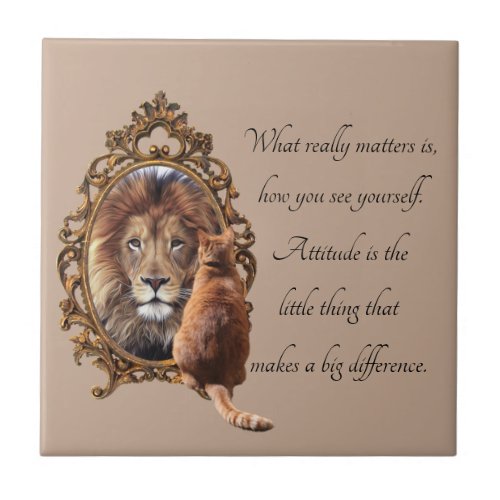 Cat Gazing Mirror Lion Inspirational Text Vintage  Ceramic Tile
