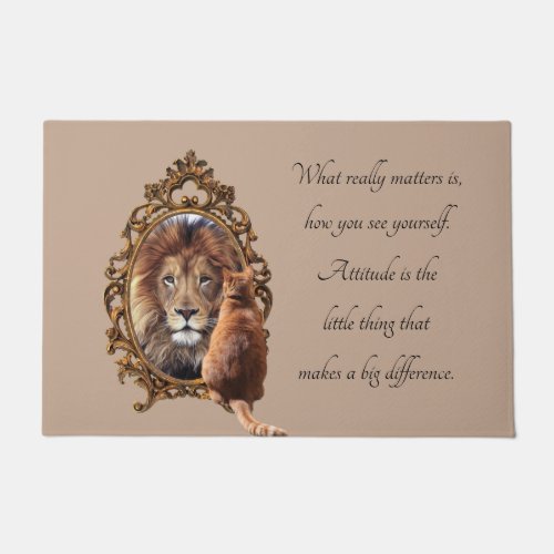 Cat Gazing Mirror Lion Inspirational Text Vintage  Doormat