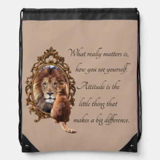 Cat Gazing Mirror Lion Inspirational Text Vintage Drawstring Bag