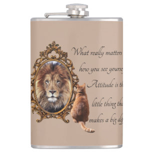 Cat Gazing Mirror Lion Inspirational Text Vintage  Flask