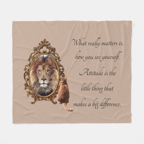 Cat Gazing Mirror Lion Inspirational Text Vintage  Fleece Blanket