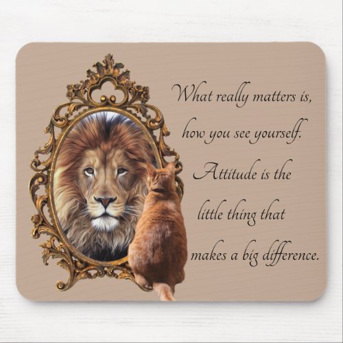 Cat Gazing Mirror Lion Inspirational Text Vintage  Mouse Pad