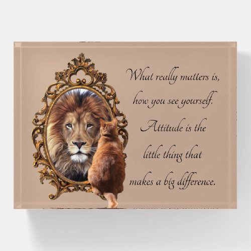 Cat Gazing Mirror Lion Inspirational Text Vintage  Paperweight