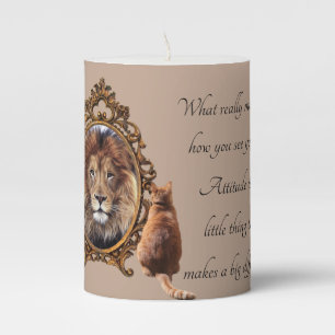 Cat Gazing Mirror Lion Inspirational Text Vintage Pillar Candle