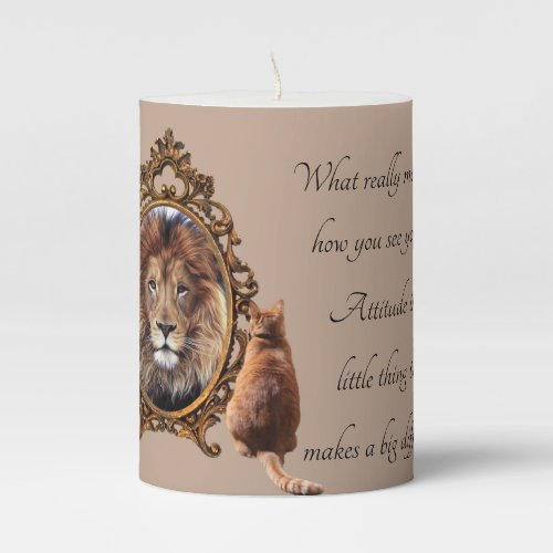 Cat Gazing Mirror Lion Inspirational Text Vintage  Pillar Candle