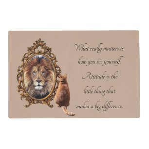 Cat Gazing Mirror Lion Inspirational Text Vintage  Placemat