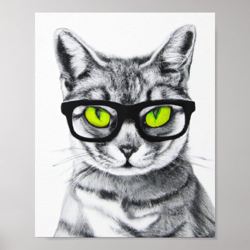 Cat Geek With Yellow Eyes Wearing Glasses Poster