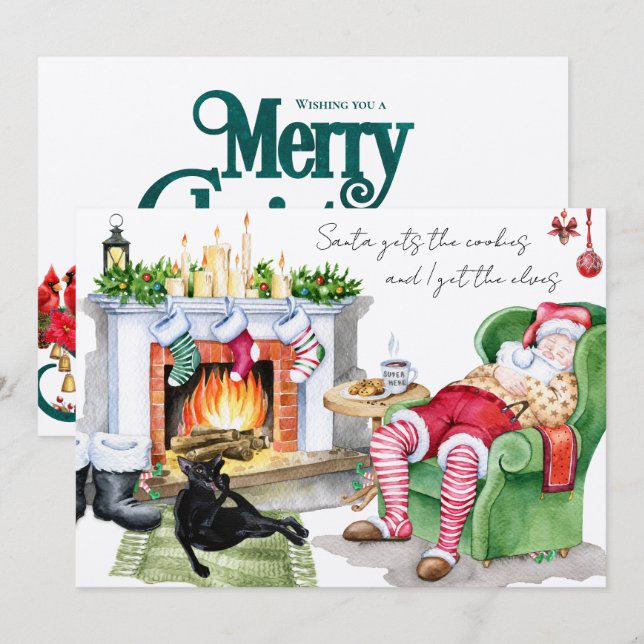 Cat Gets the Elves Funny Santa Christmas Greeting Card (Front/Back)