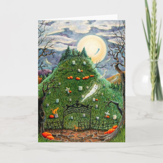 CAT GHOSTS IN NINE LIVES CEMETERY SPOOKY ART Blank Holiday Card (Front)