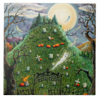 CAT GHOSTS IN NINE LIVES CEMETERY, SPOOKY FOLK ART CERAMIC TILE