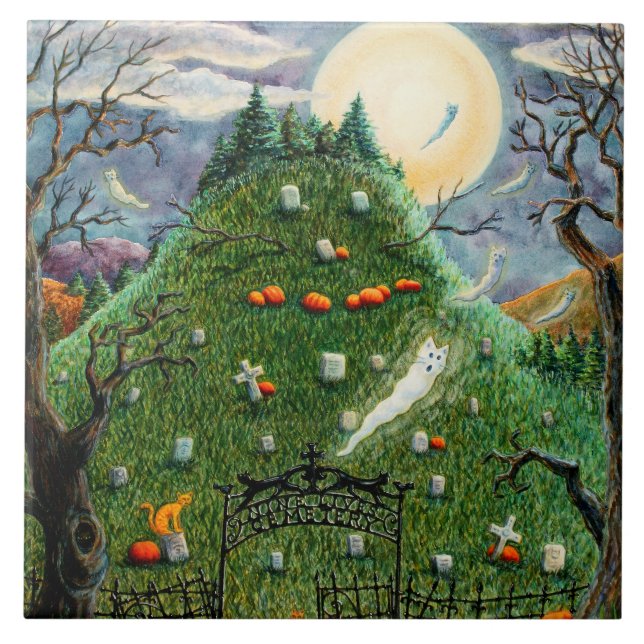 CAT GHOSTS IN NINE LIVES CEMETERY, SPOOKY FOLK ART CERAMIC TILE (Front)