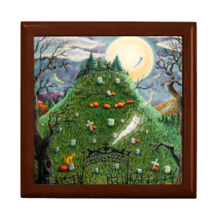 CAT GHOSTS IN NINE LIVES CEMETERY, SPOOKY FOLK ART GIFT BOX