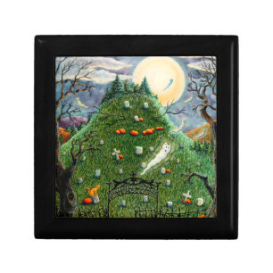 CAT GHOSTS IN NINE LIVES CEMETERY, SPOOKY FOLK ART GIFT BOX
