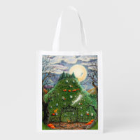 CAT GHOSTS IN NINE LIVES CEMETERY, SPOOKY FOLK ART GROCERY BAG