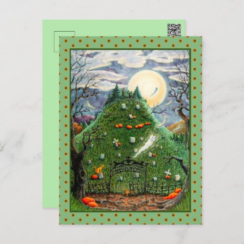 CAT GHOSTS IN NINE LIVES CEMETERY SPOOKY FOLK ART HOLIDAY POSTCARD