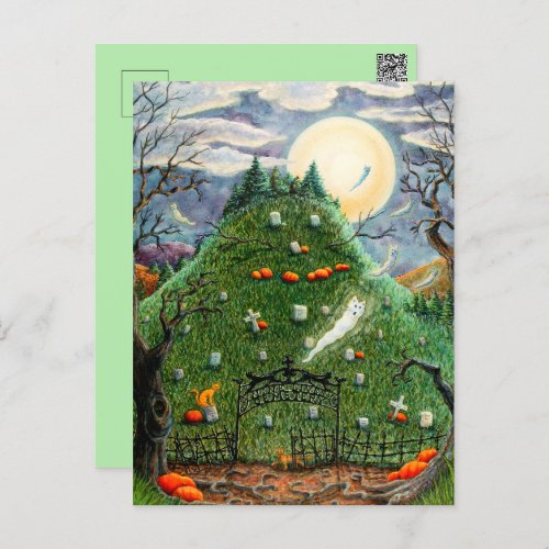 CAT GHOSTS IN NINE LIVES CEMETERY SPOOKY FOLK ART HOLIDAY POSTCARD