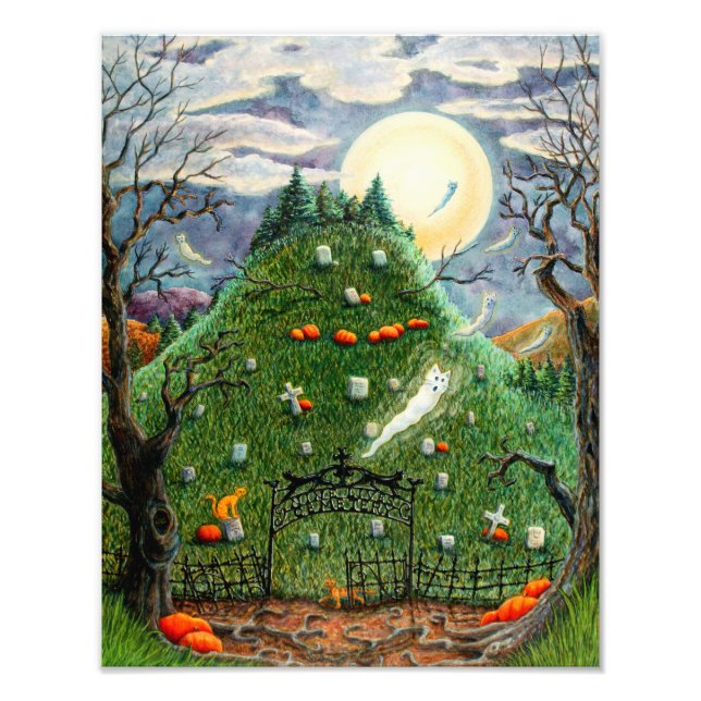 CAT GHOSTS IN NINE LIVES CEMETERY, SPOOKY FOLK ART PHOTO PRINT (Front)
