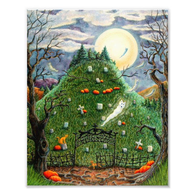 CAT GHOSTS IN NINE LIVES CEMETERY, SPOOKY FOLK ART PHOTO PRINT (Front)