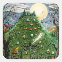 CAT GHOSTS IN NINE LIVES CEMETERY, SPOOKY FOLK ART SQUARE STICKER