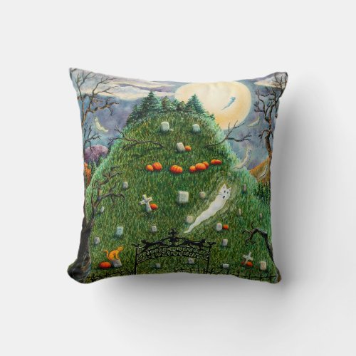 CAT GHOSTS IN NINE LIVES CEMETERY SPOOKY FOLK ART THROW PILLOW