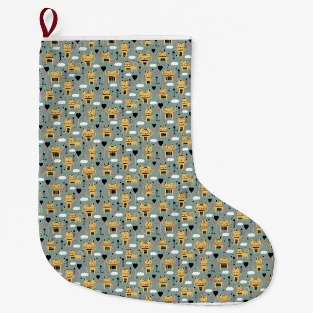 Cat Gift | Cute Cat Pattern Childish Large Christmas Stocking (Front)