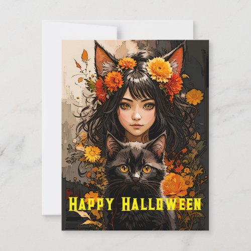 Cat Girl and Black Cat Halloween Holiday Card