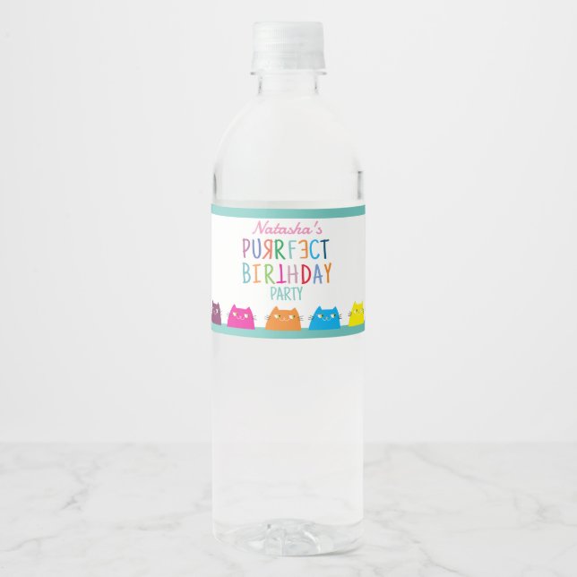 Cat Girl Birthday Party Water Bottle Label (Front)