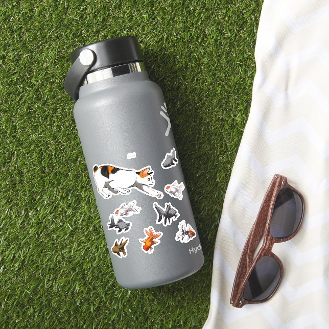 Cat Going Fishing - Stylized Bobtail and Goldfish Sticker (HydroFlask Insitu)