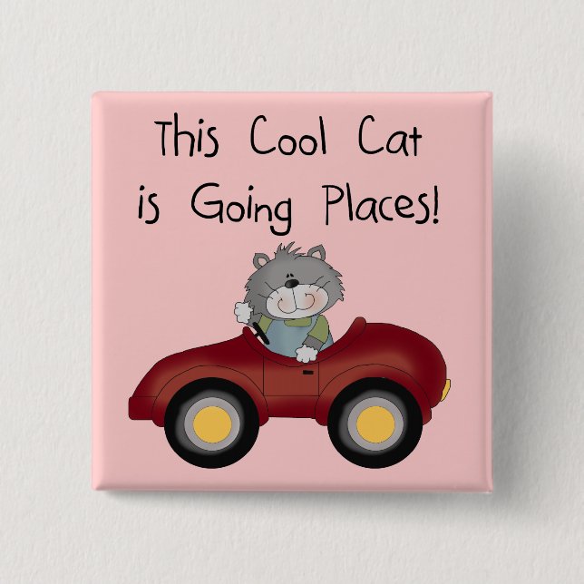 Cat Going Places Red Car tshirts and Gifts Button (Front)