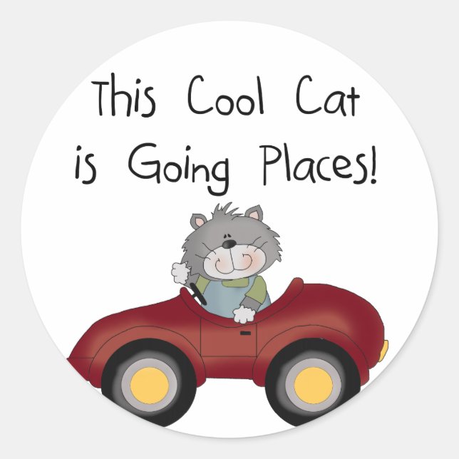 Cat Going Places Red Car tshirts and Gifts Classic Round Sticker (Front)