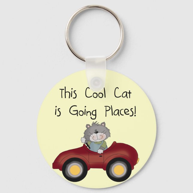 Cat Going Places Red Car tshirts and Gifts Keychain (Front)