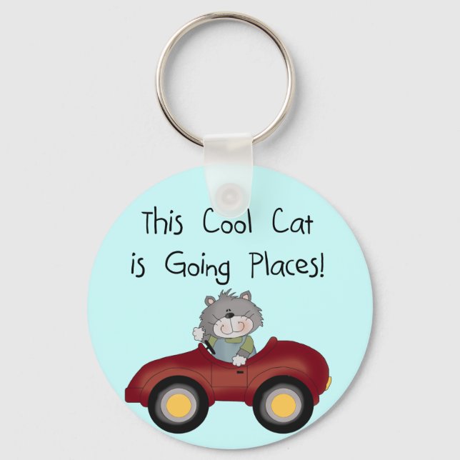Cat Going Places Red Car tshirts and Gifts Keychain (Front)