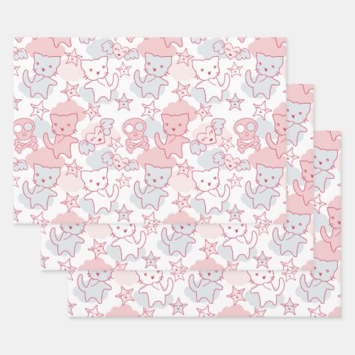 Cat Goth Skull Japanese Style Kawaii Heart Cloud Wrapping Paper Sheets