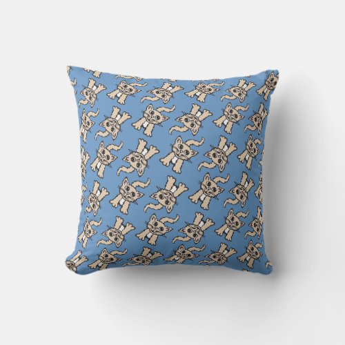 Cat graphic pattern brown blue pillow