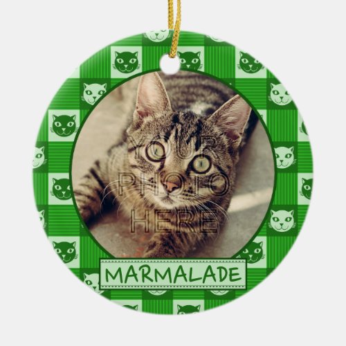 Cat Green Kitty Gingham Cute Add Custom Photo Name Ceramic Ornament